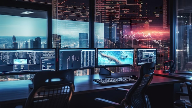 Lege kantoorwerkplek met een bureau met programmeercode Big Data voor meerdere computerschermen