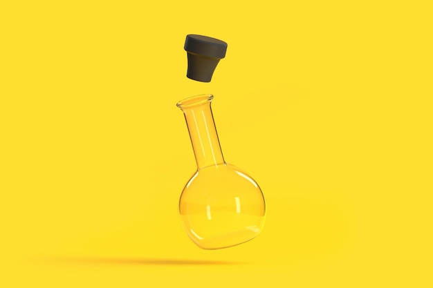 Lege kolf vliegt op gele achtergrond Chemie kolf Laboratoriumglaswerk apparatuur 3D render