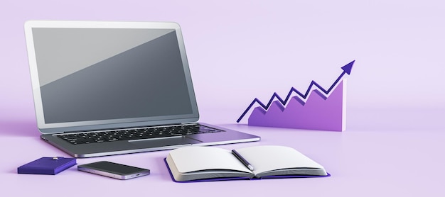 Lege laptop computer monitor benodigdheden en creatieve kleurrijke zakelijke grafiek op werkplek desktop Analytics werkplek en software ontwikkelingsconcept Mock up 3D Rendering