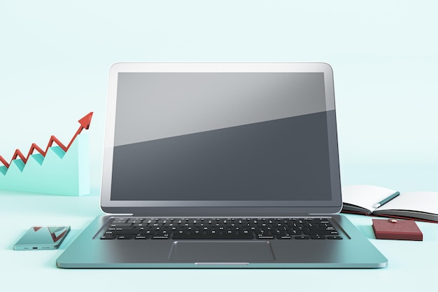 Lege laptop computerscherm benodigdheden en creatieve kleurrijke zakelijke grafiek op werkplek desktop Analytics werkplek en software ontwikkelingsconcept Mock up 3D Rendering