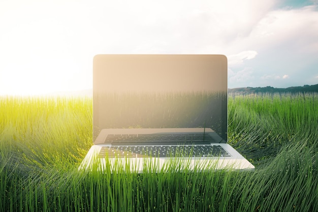 Lege laptopcomputer op gras