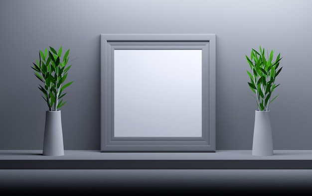 lege lege vierkante afbeeldingsframe en twee vazen met bloemen.