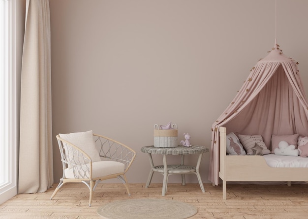 Lege lichtbruine muur in moderne kinderkamer Mock-up interieur in Scandinavische stijl Gratis kopieerruimte voor uw fotoposter Bed speelgoed rotan fauteuil Gezellige kamer voor kinderen 3D-rendering