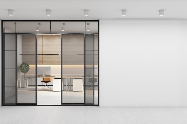 Lege lichte muur voor de ingang van het kantoorgedeelte met werkplekken, houten muur en stijlvolle tafels met moderne laptops 3D-rendering mock-up