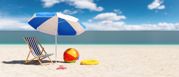 Lege ligstoel met strandbal teenslippers, parasol en strandbal op het strand tijdens een zomervakantie in de Caraïben