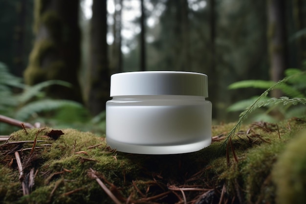 Lege merkloze cosmetische zalfpot staande in het bos Huidverzorging productpresentatie Huidverzorging schoonheid en spa Pot met kopieerruimte moisturizer Natuur buitenshuis Generatieve AI