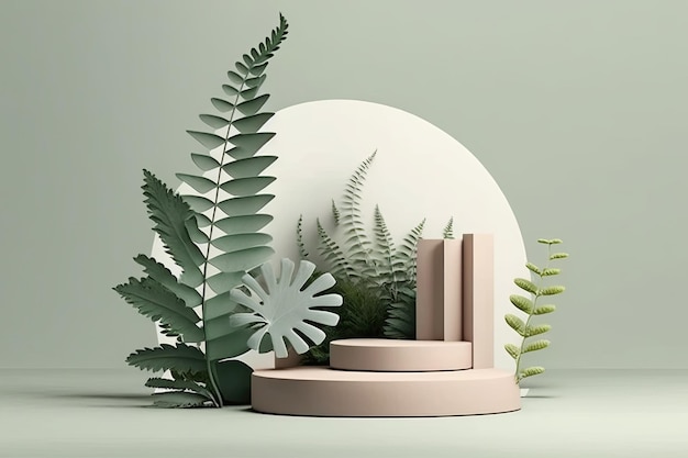 Lege minimalistische zachte pastelkleur podium product display tropische planten achtergrond AI gegenereerd