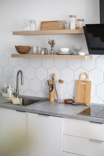 Lege moderne keuken interieur witte gezelligheid appartement keuken ontwerp huismeubilair apparatuur