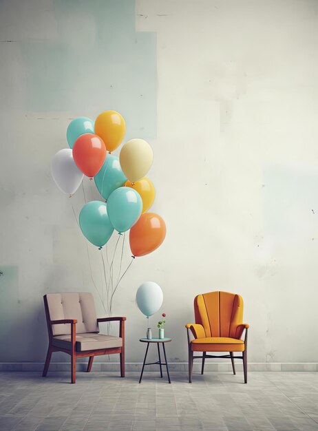 lege muur met ballonnen en kleurrijke stoelen in de stijl van licht indigo en wit