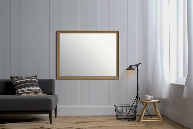 Lege muur mockup frame in gezellige moderne woonkamer met een houten vloer Generatieve AI