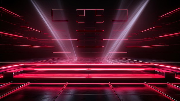 Lege nachtshow podium spotlight balken en diodes rood neonlicht reflecties AI-generatie