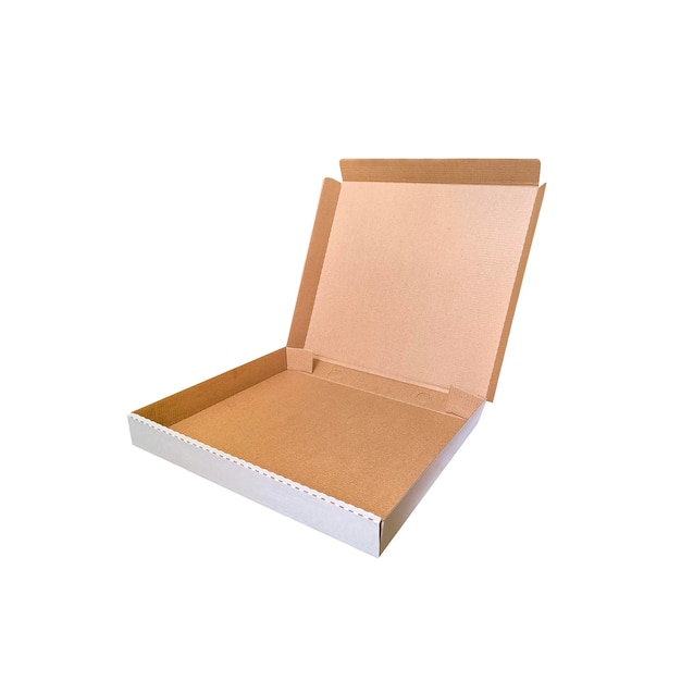 Foto lege open kartonnen doos voor pizza geïsoleerd op een witte achtergrond.