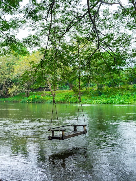 Lege oude eenzame houten schommel hangend aan de grote boom over de grote stroom op de groene bosachtergrond ontspannende plek verticale stijl Hangende bankstoel met uitzicht op de natuur