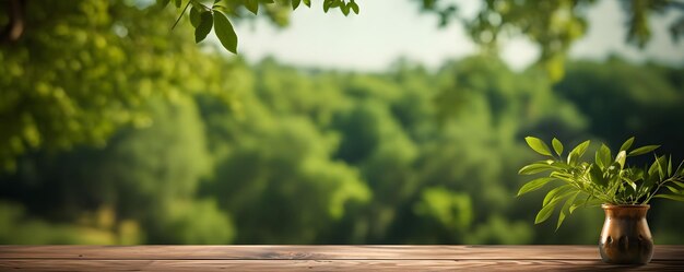 Lege oude houten tafel met groene natuur achtergrond