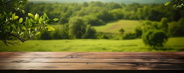 Lege oude houten tafel met groene natuur achtergrond