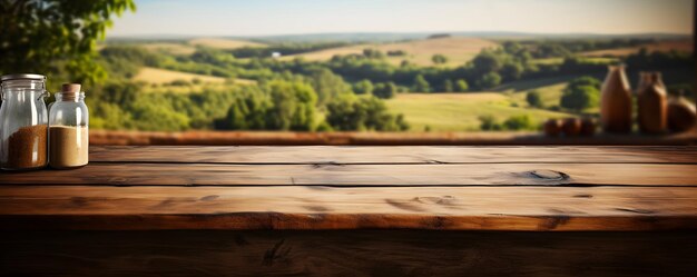 Lege oude houten tafel met landelijke keuken op de achtergrond