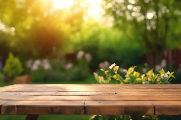 Lege oude houten tafelblad met bamboe bladeren frame op wazig groen achtergrond