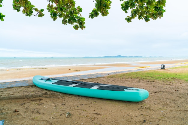 lege paddle board op strand met zee achtergrond