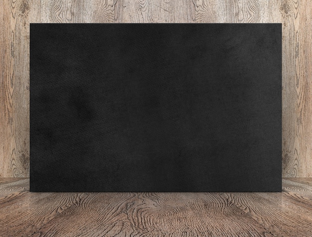 Lege poster van het banner de zwarte canvas die bij houten muur op houten vloer in perspectiefruimte leunen