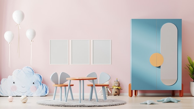 Lege posterframes in prachtige kinderkamer interieur met roze muur