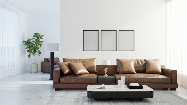 Lege posterframes mock up in Scandinavische stijl woonkamer interieur, moderne woonkamer interieur achtergrond, bruin lederen bank, 3D-rendering