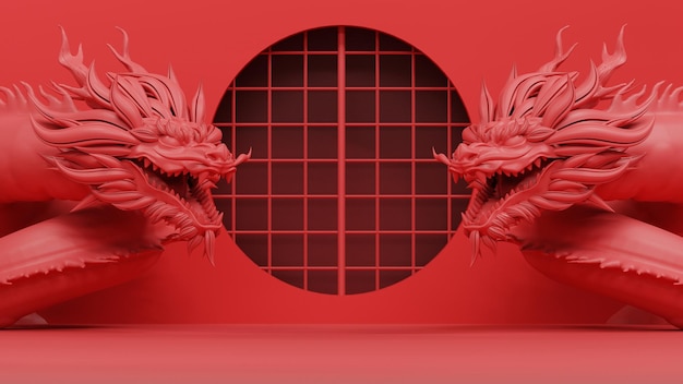 lege rode podiumweergave met draakbeeldhouwwerk luxe Azië Chinees ornamentstijl 3D-rendering