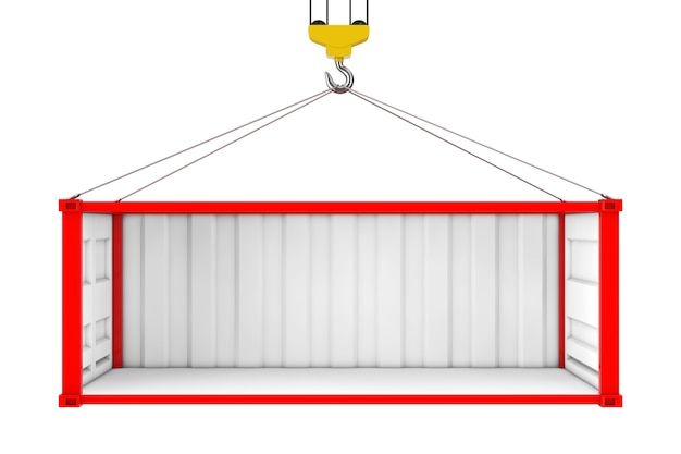 Lege rode verzendcontainer met verwijderde zijwand tijdens transport met kraanhaak op een witte achtergrond. 3D-rendering