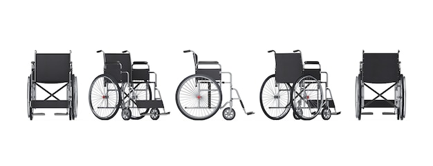 Lege rolstoel in verschillende posities op een witte achtergrond. 3d-rendering