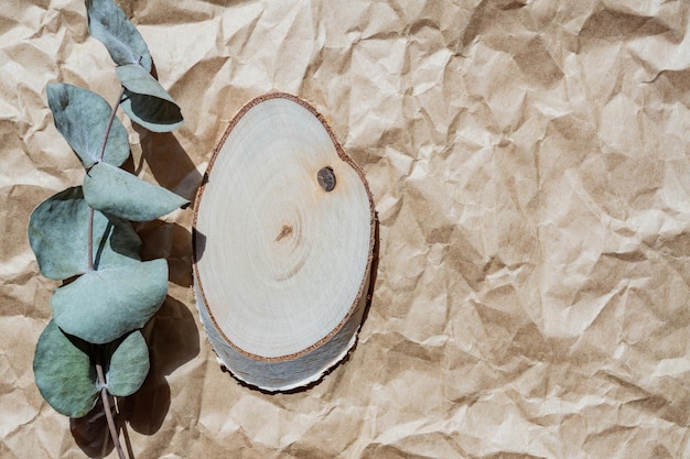 Lege ronde houten podium voor productpresentatie eucalyptus tak op papier ambachtelijke achtergrond achtergrond van natuurlijke materialen voor cosmetische reclame close-up bovenaanzicht