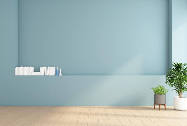 Lege ruimte in minimalistische stijl met lichtblauwe muur en houten vloer 3D-rendering