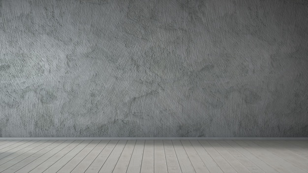 Lege ruimte met betonnen muur en houten vloer, grijs. 3D-weergave.