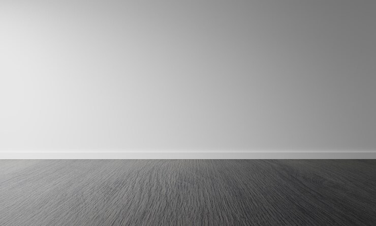 Lege ruimte met donkerbruine houten vloer of bureaubladachtergrond. Tafelblad voor reclame en kopieer ruimte. Architectuur en interieurconcept. 3D illustratie weergave