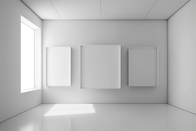 Lege ruimte met drie witte kaders die aan de muur hangen Generatieve AI