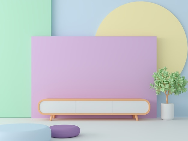 Lege ruimte met pastelkleur 3d render, versier de muur met kleurrijk meetkunde-object