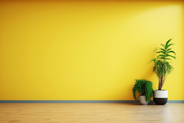 Lege ruimte met planten hebben houten vloer op gele muur achtergrond