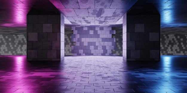 Lege ruimte met retro tegelmuur en blauwe en paarsroze neonlichtachtergrond Abstracte architectuur en cybertechnologie voor het 3D illustratierendering van het reclameconcept