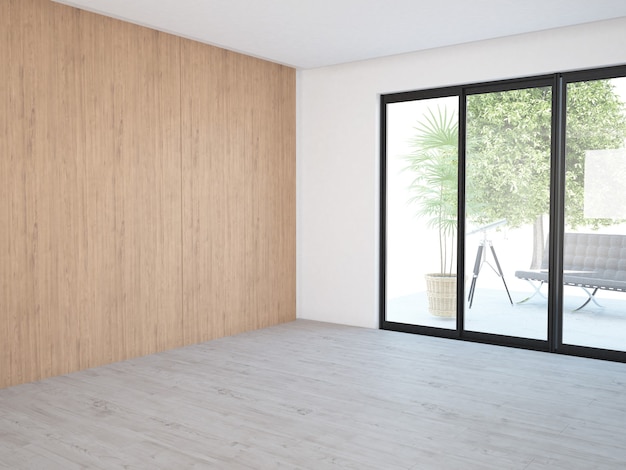 Lege ruimte met vensters en houten muur