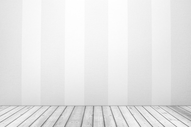 Lege ruimte met witte gestreepte Wallpaper muur en Plank houten vloer extreme close-up. 3D-rendering