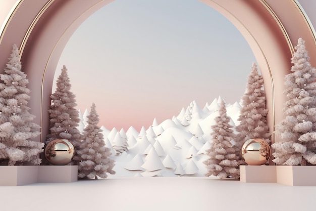 Lege ruimte mock-up plaats met kerstboom met sneeuw winterlandschap achtergrond Weergave van presentatieproduct AI genereren