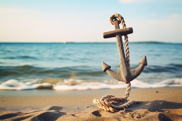 Lege ruimte op zandstrand met houten anker en touw geschikt voor tekst