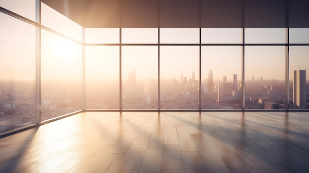 Lege ruimte van modern interieur zakelijk gebouw met grote glazen ramen en uitzicht op de skyline