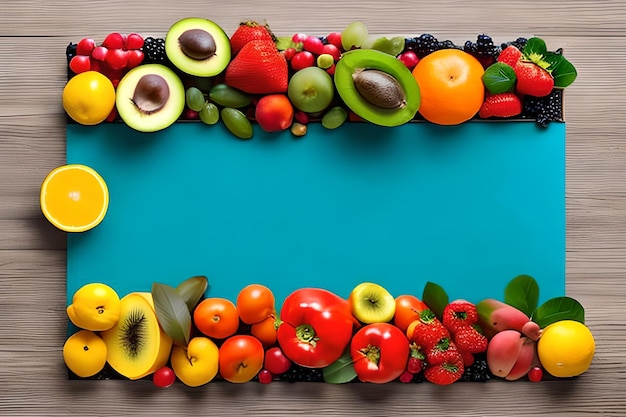 Foto lege ruimte voor tekst met fruit rondom gekleurde achtergrond