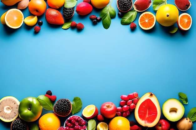 Lege ruimte voor tekst met fruit rondom gekleurde achtergrond