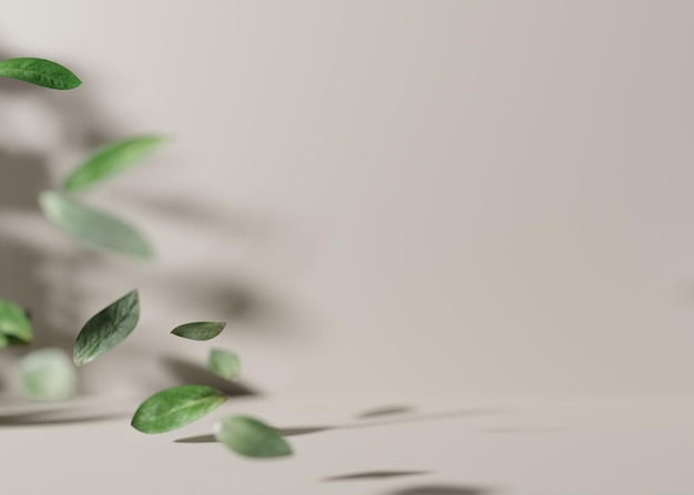 Lege scène met bladeren die in de lucht vliegen op lichtbruine achtergrond Sjabloon voor cosmetische productpresentatie Natuurlijke mock up Gratis kopieerruimte 3D-rendering
