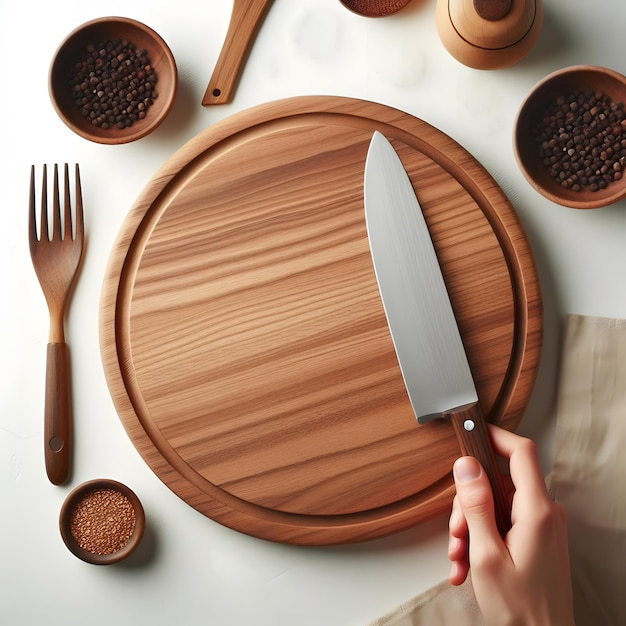 Foto lege schone ronde cirkel houtsnijplank keukentafel met chef-kokmes bovenkant