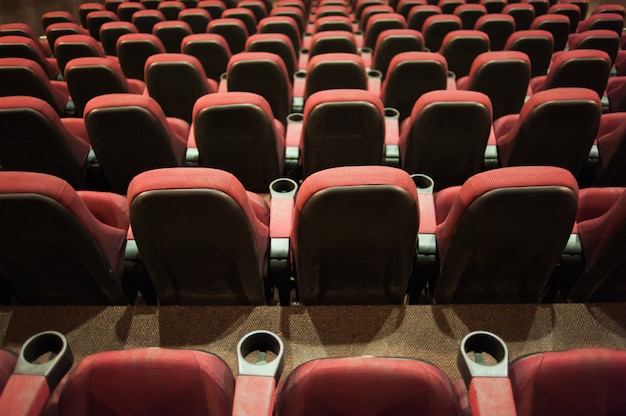 Lege stoelen in een bioscoop met een leeg scherm