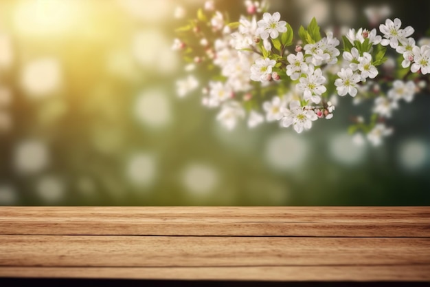 Lege tabel voor productweergave met bloem lente wazige achtergrond