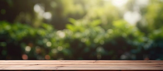 Lege tafel gemaakt van hout met een wazige achtergrond van een buitentuin De houten tafel biedt