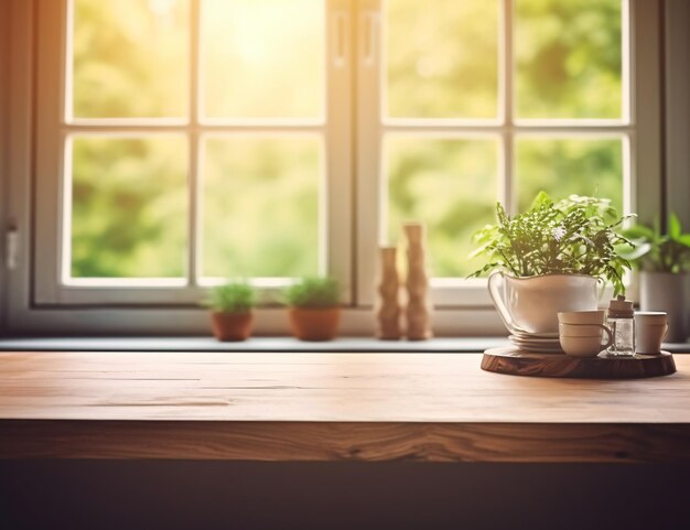 Lege tafel keuken onscherpe achtergrond natuurlijk zonlicht grote ramen voor productweergave kopiëren