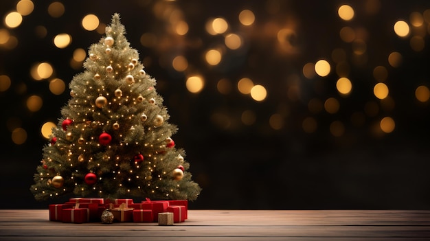 Lege tafel voor de kerstboom met decoraties achtergrond AI Generatief